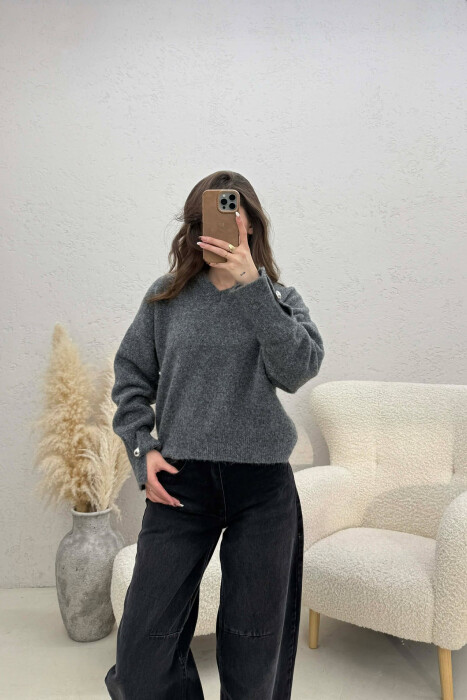V NECK SLEEVE BUTTONS WOMEN SWEATER DARK GREY/GEE - KLAUDIO FASHION