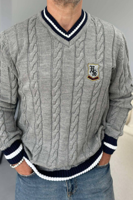 V NECK STAMP MEN SWEATER GREY-BLUE/ GRBL 