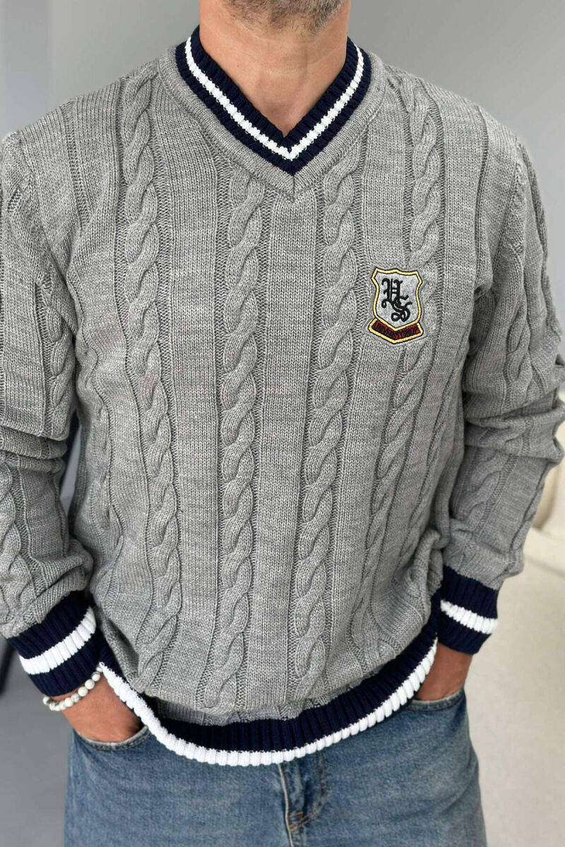 V NECK STAMP MEN SWEATER GREY-BLUE/ GRBL - 1