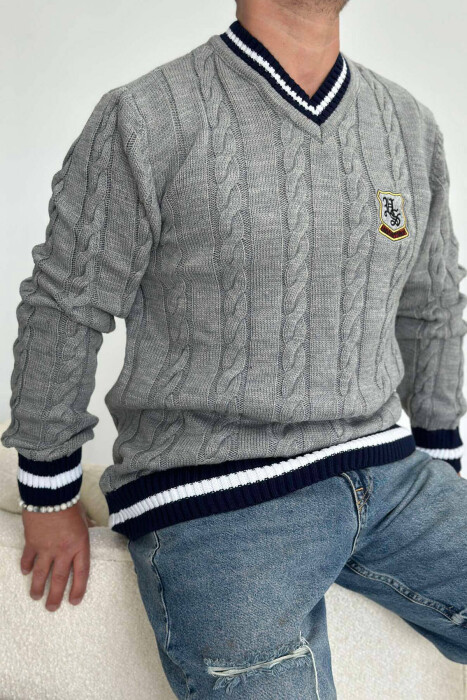 V NECK STAMP MEN SWEATER GREY-BLUE/ GRBL - 2