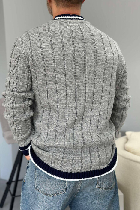V NECK STAMP MEN SWEATER GREY-BLUE/ GRBL - 3