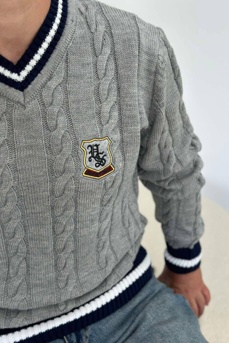 V NECK STAMP MEN SWEATER GREY-BLUE/ GRBL - 4