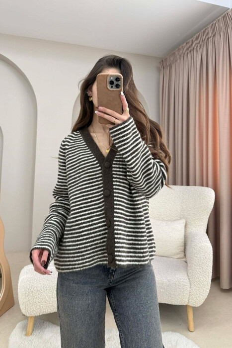 V NECK STRIPE DETAIL WOMAN CARDIGAN BROWN/KAFE 