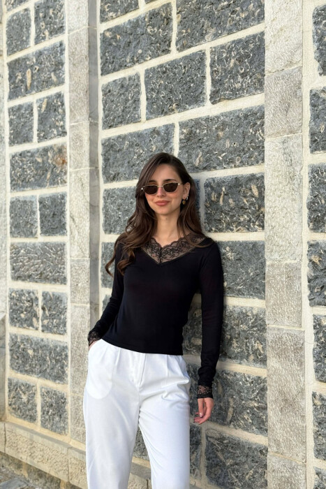 V NECK TULLE DETAIL WOMAN SWEATSHIRT BLACK/ E ZEZE - 1