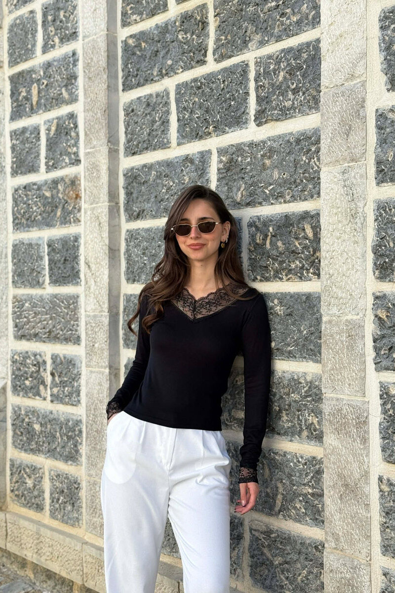 V NECK TULLE DETAIL WOMAN SWEATSHIRT BLACK/ E ZEZE - 1