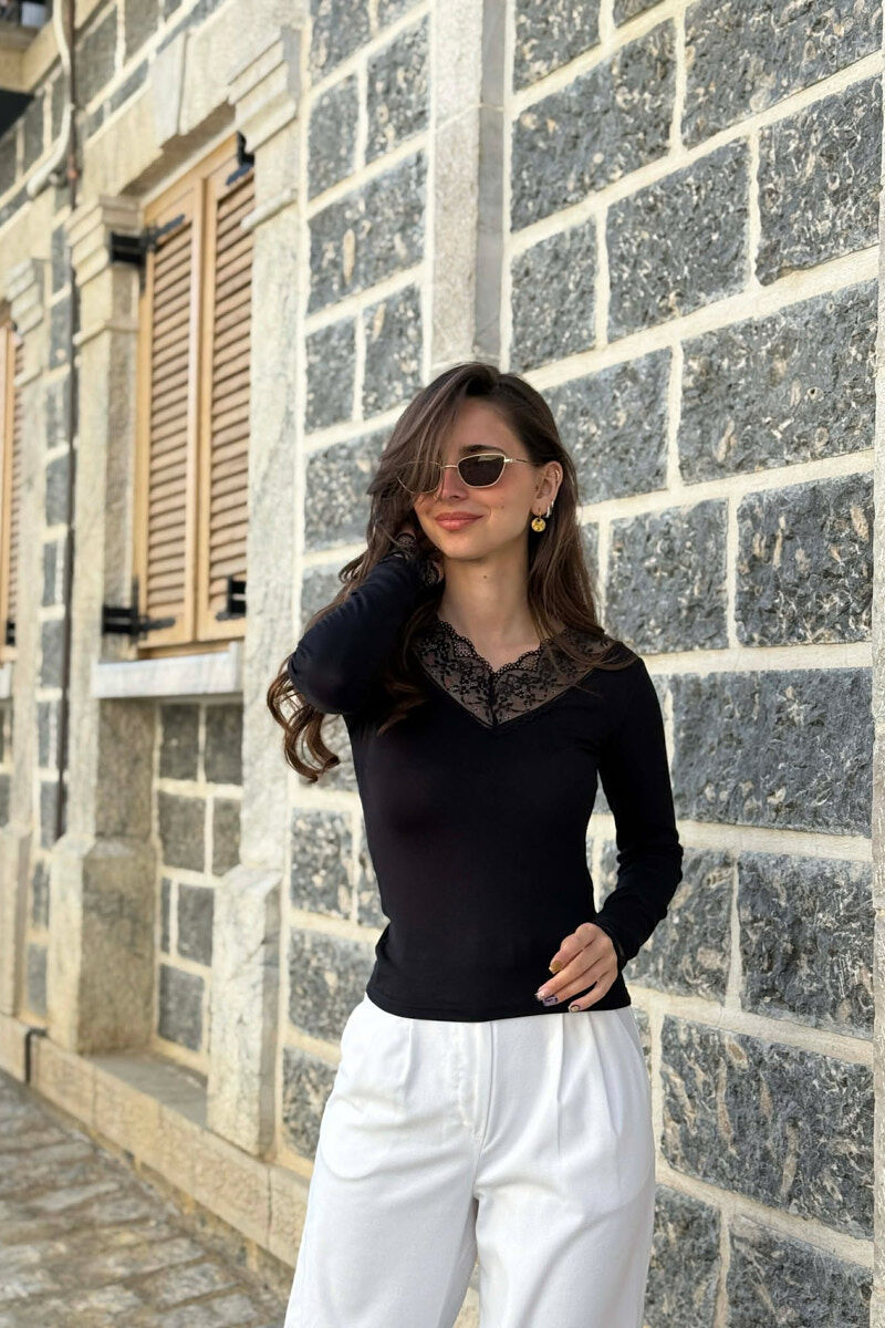 V NECK TULLE DETAIL WOMAN SWEATSHIRT BLACK/ E ZEZE - 3