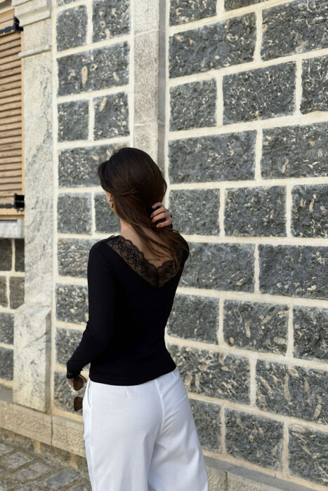 V NECK TULLE DETAIL WOMAN SWEATSHIRT BLACK/ E ZEZE - 4