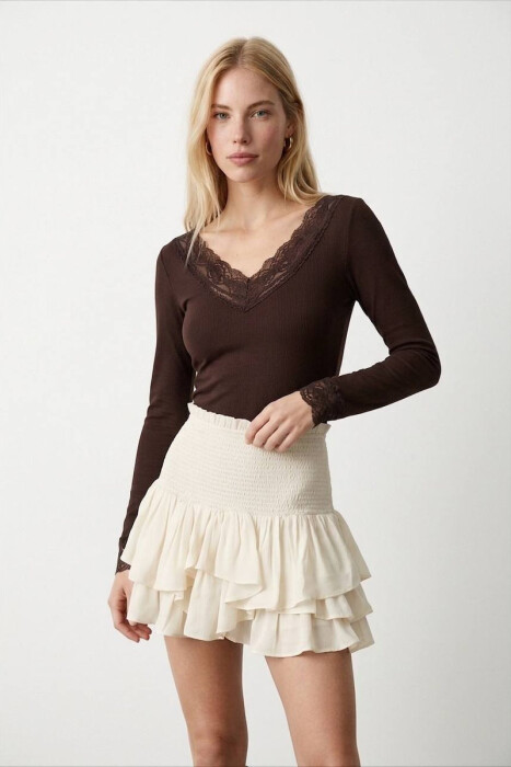 V NECK TULLE DETAIL WOMAN SWEATSHIRT BROWN/KAFE - 