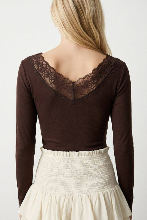 V NECK TULLE DETAIL WOMAN SWEATSHIRT BROWN/KAFE - 2