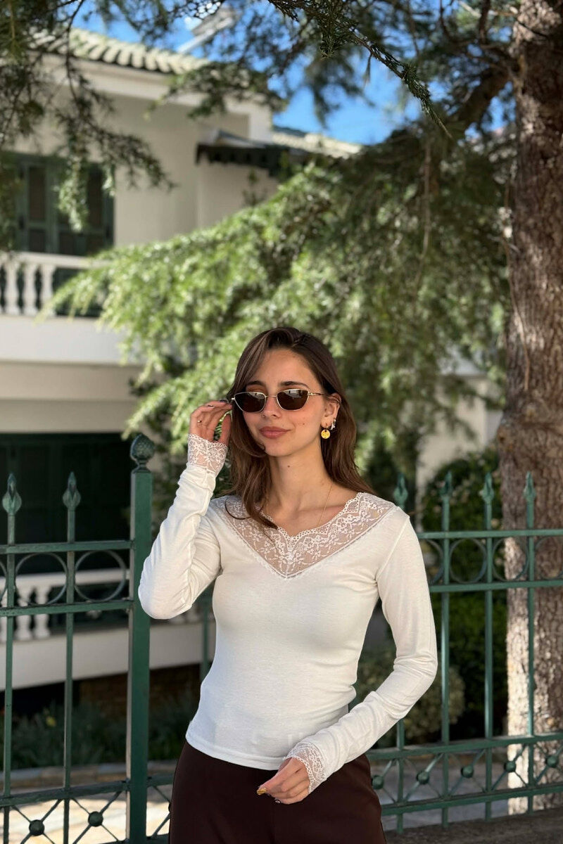 V NECK TULLE DETAIL WOMAN SWEATSHIRT WHITE-E BARDHE - 1