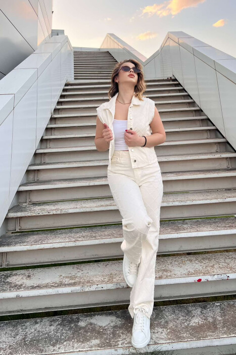 VEST+JEANS ONE COLOR DENIM WOMEN SET CREAM/KREM - 2