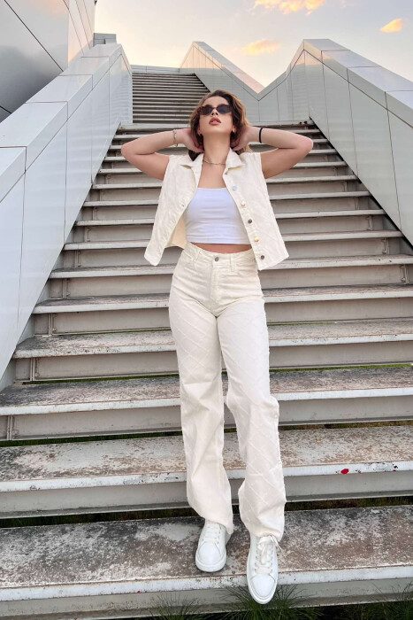 VEST+JEANS ONE COLOR DENIM WOMEN SET CREAM/KREM - 4