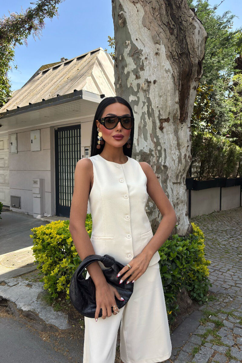 VEST+SHORTS ONE COLOR WOMEN SET CREAM/KREM - 3