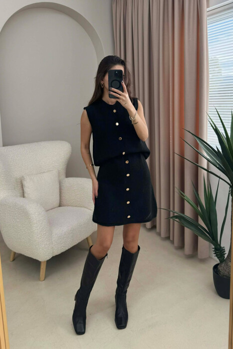 VEST+SKIRT BUTTONS DETAIL KNIT WOMEN SET BLACK/ E ZEZE - KLAUDIO FASHION