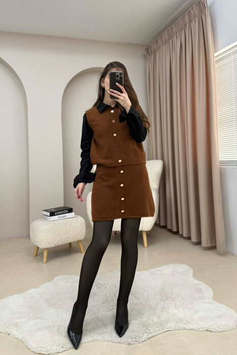 VEST+SKIRT BUTTONS DETAIL KNIT WOMEN SET BROWN/KAFE - KLAUDIO FASHION