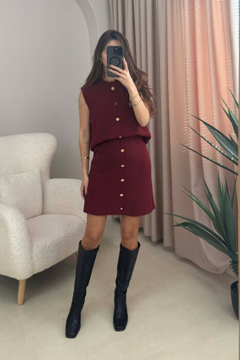 VEST+SKIRT BUTTONS DETAIL KNIT WOMEN SET BURGUNDY/VISHNJE - KLAUDIO FASHION