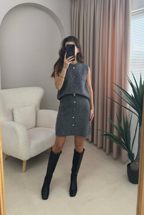 VEST+SKIRT BUTTONS DETAIL KNIT WOMEN SET DARK GREY/GEE - KLAUDIO FASHION