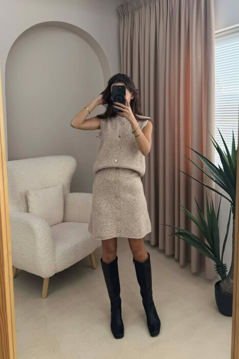 VEST+SKIRT BUTTONS DETAIL KNIT WOMEN SET LIGHT BEIGE/BZHZB - KLAUDIO FASHION