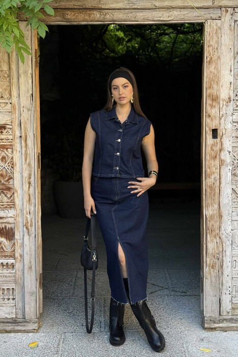 VEST+SKIRT DENIM WOMEN SET BLUE/BLU - 1