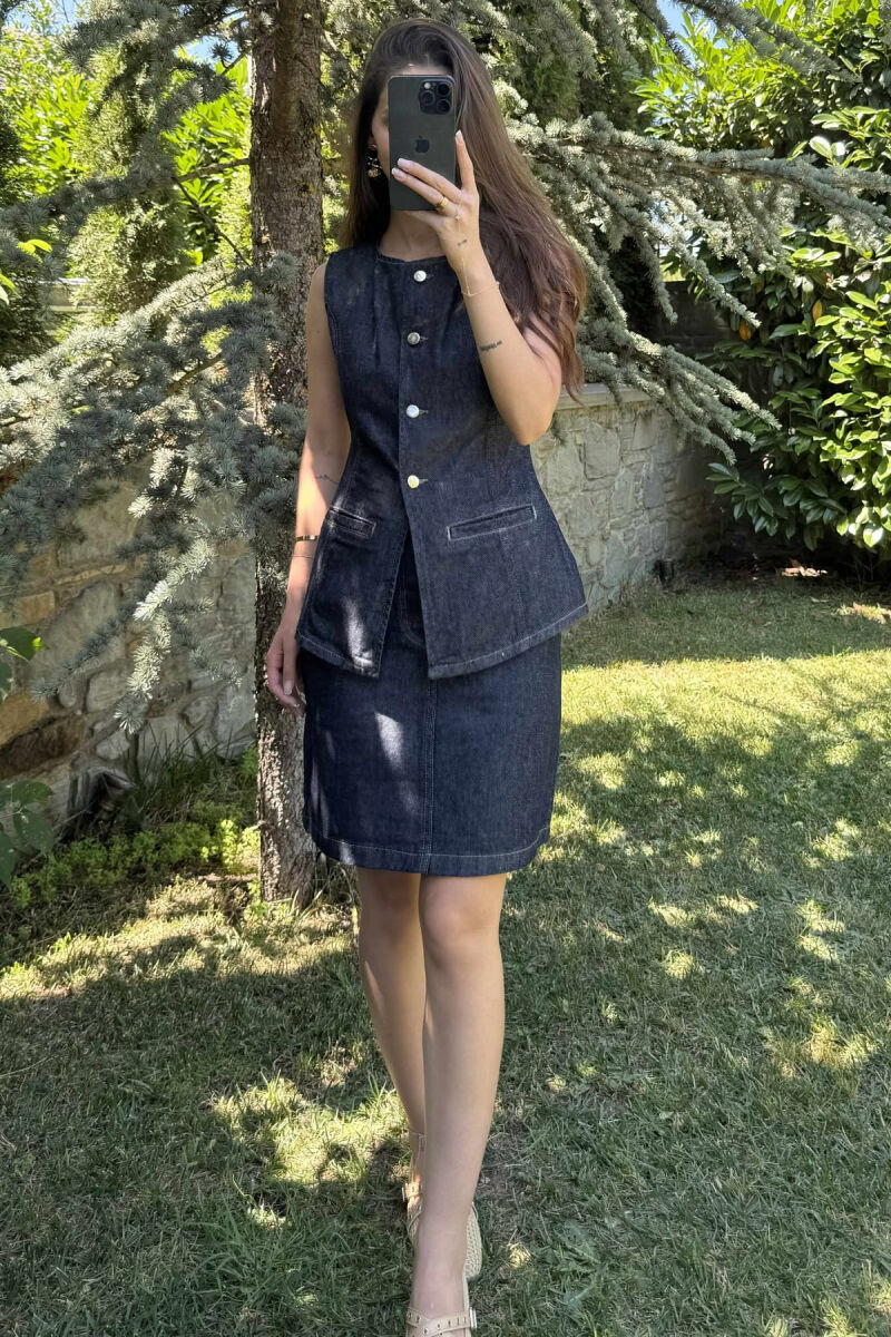 VEST+SKIRT ONE COLOR DENIM WOMEN SET DARK BLUE/BEE - 5