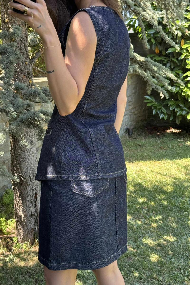 VEST+SKIRT ONE COLOR DENIM WOMEN SET DARK BLUE/BEE - 7