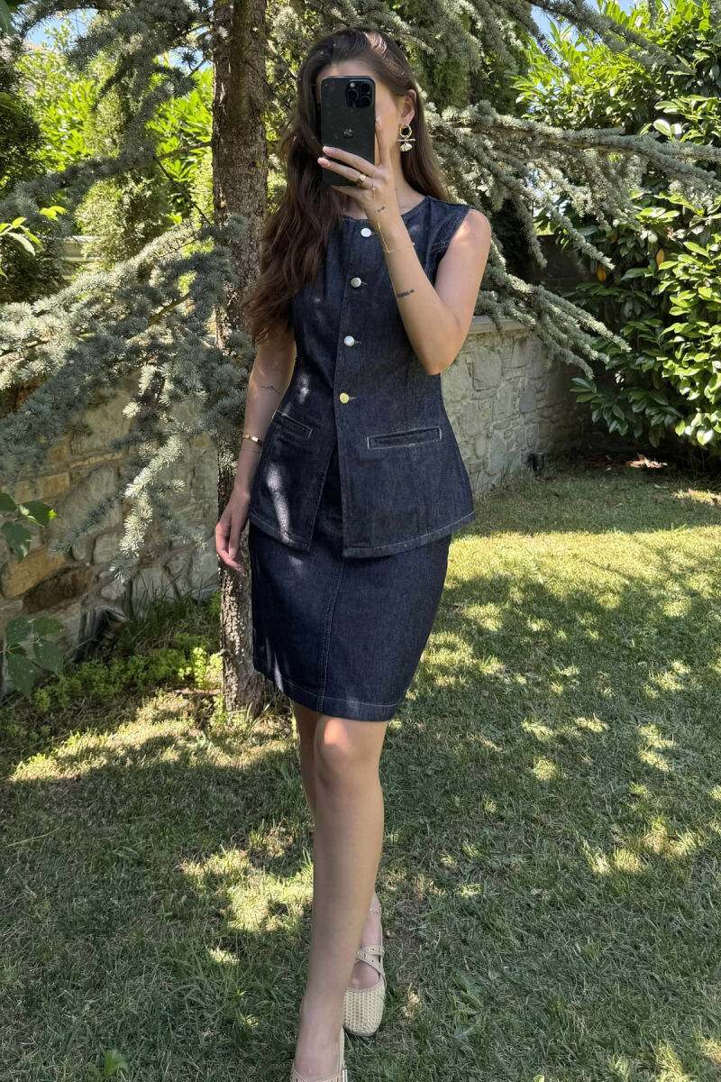 VEST+SKIRT ONE COLOR DENIM WOMEN SET DARK BLUE/BEE - 6