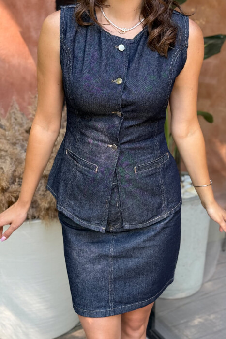 VEST+SKIRT ONE COLOR DENIM WOMEN SET DARK BLUE/BEE - 4