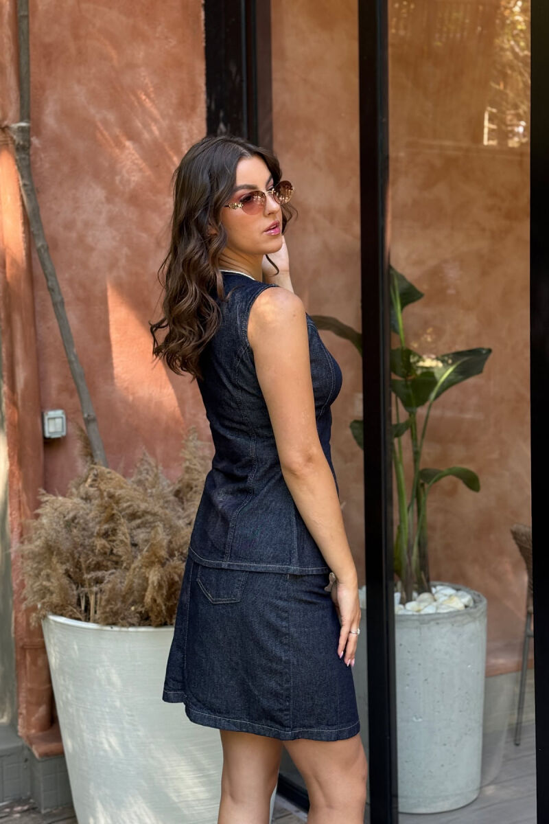 VEST+SKIRT ONE COLOR DENIM WOMEN SET DARK BLUE/BEE - 3