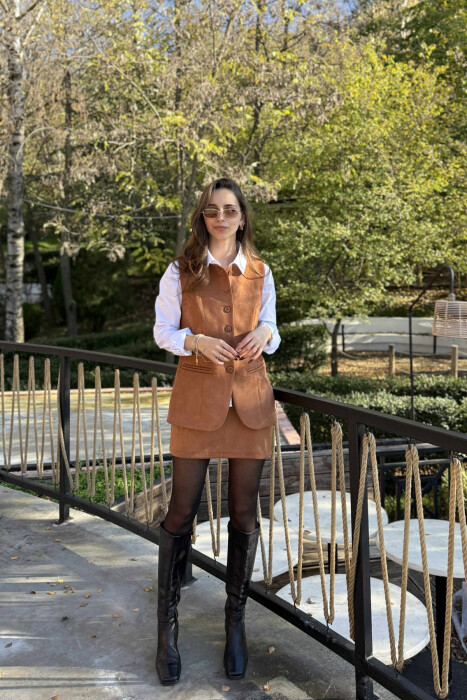 VEST+SKIRT ONE COLOR SIMPLE WOMEN SET BROWN/KAFE - 1
