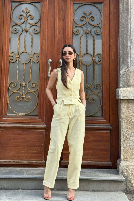 VEST+TROUSERS BACK BELT DETAIL WOMEN SET YELLOW/E VERDHE - KLAUDIO FASHION