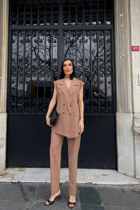 VEST+TROUSERS STRIPED WOMEN SET LIGHT BROWN/KAZB - KLAUDIO FASHION