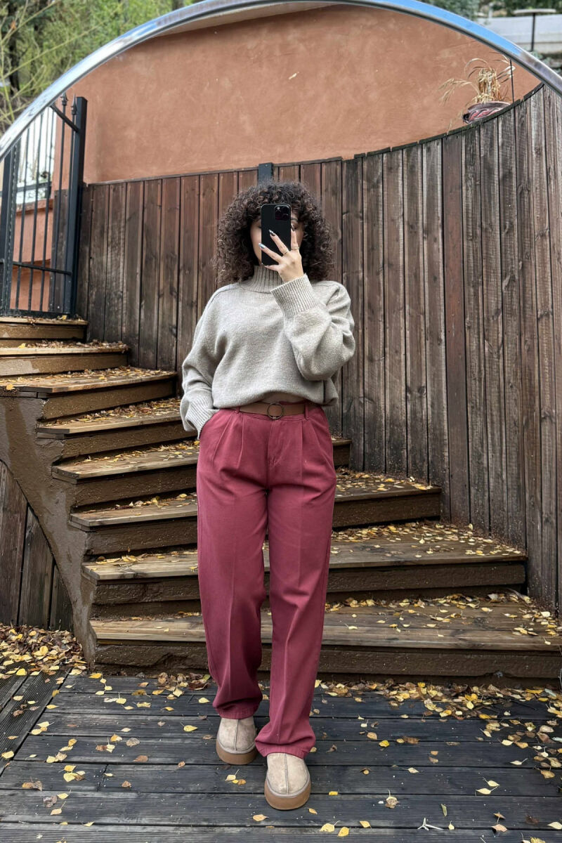 WIDE LEG BELTED WOMEN JEANS BURGUNDY/VISHNJE - 1