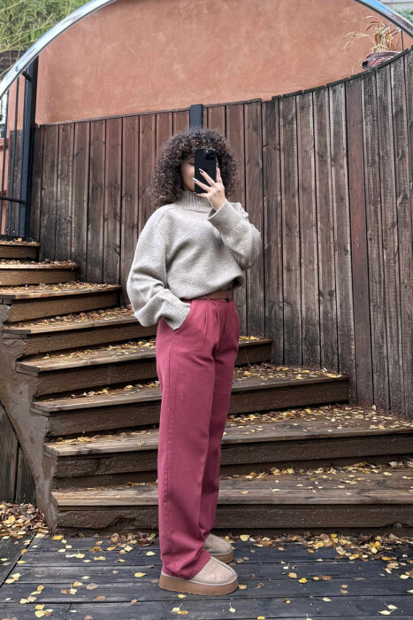 WIDE LEG BELTED WOMEN JEANS BURGUNDY/VISHNJE - 2