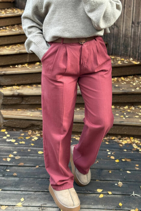 WIDE LEG BELTED WOMEN JEANS BURGUNDY/VISHNJE - 3