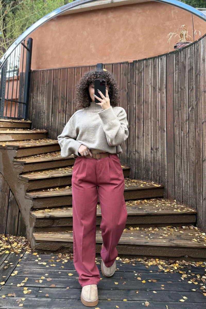 WIDE LEG BELTED WOMEN JEANS BURGUNDY/VISHNJE - 4