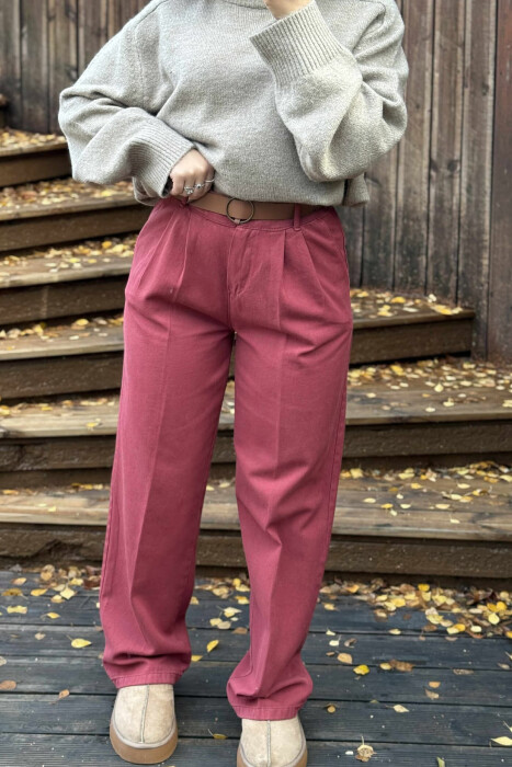 WIDE LEG BELTED WOMEN JEANS BURGUNDY/VISHNJE - 5