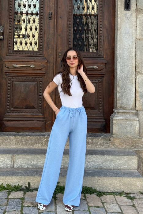 WIDE LEG ELASTIC WAIST LACING DETAIL WOMAN TROUSERS BABY BLUE/BLU BY 