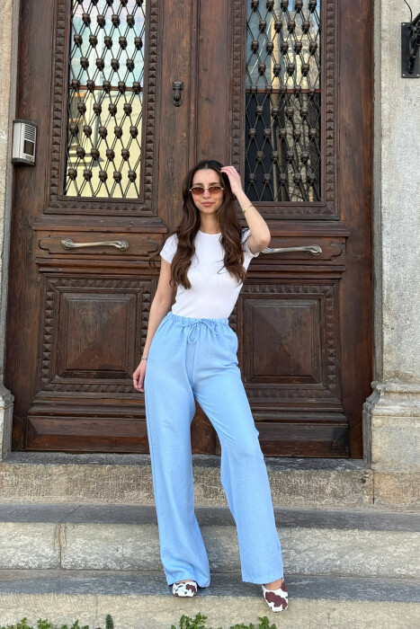 WIDE LEG ELASTIC WAIST LACING DETAIL WOMAN TROUSERS BABY BLUE/BLU BY - 2