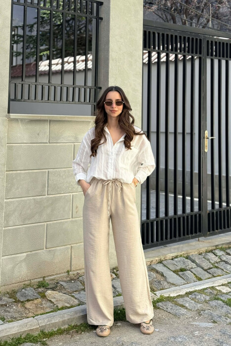 WIDE LEG ELASTIC WAIST LACING DETAIL WOMAN TROUSERS BEIGE/BEZHE - KLAUDIO FASHION