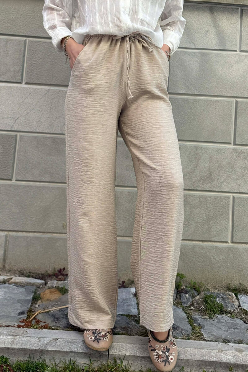 WIDE LEG ELASTIC WAIST LACING DETAIL WOMAN TROUSERS BEIGE/BEZHE - 4