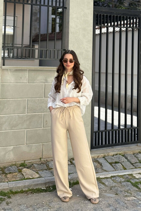 WIDE LEG ELASTIC WAIST LACING DETAIL WOMAN TROUSERS CREAM/KREM - 1