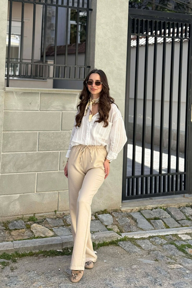 WIDE LEG ELASTIC WAIST LACING DETAIL WOMAN TROUSERS CREAM/KREM - 2