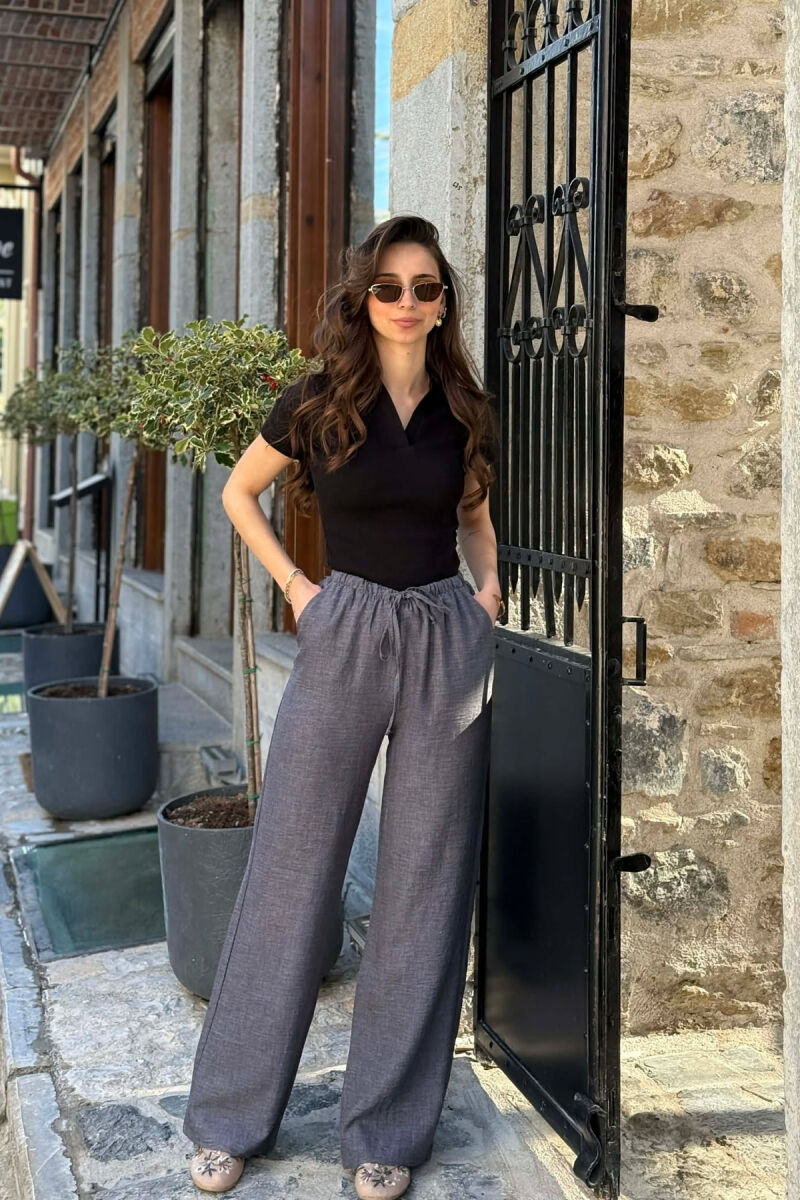 WIDE LEG ELASTIC WAIST LACING DETAIL WOMAN TROUSERS DARK GREY/GEE - 3