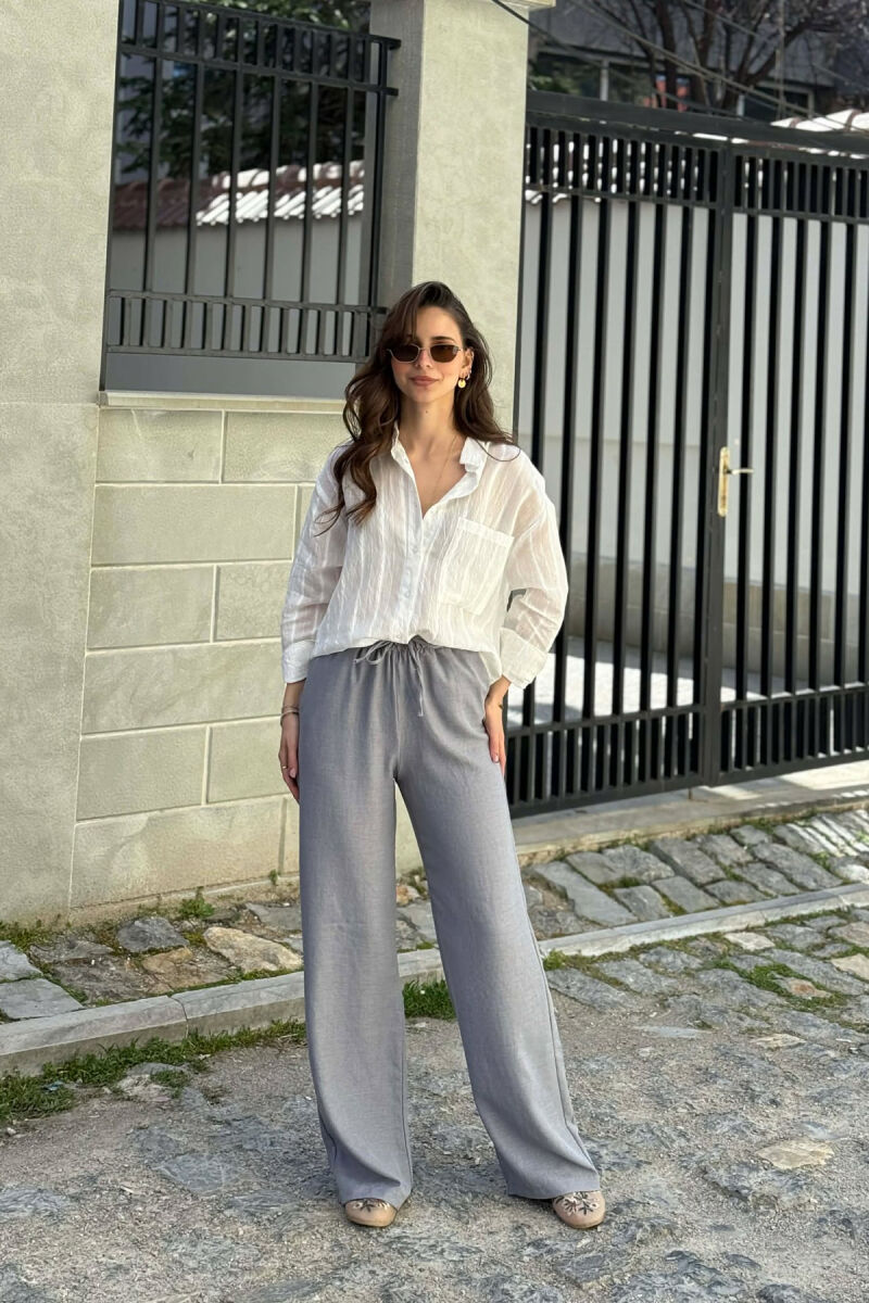 WIDE LEG ELASTIC WAIST LACING DETAIL WOMAN TROUSERS GREY ASH/GRI HIRI - 1