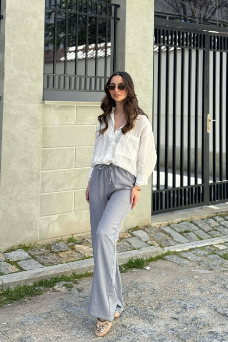 WIDE LEG ELASTIC WAIST LACING DETAIL WOMAN TROUSERS GREY ASH/GRI HIRI - 7