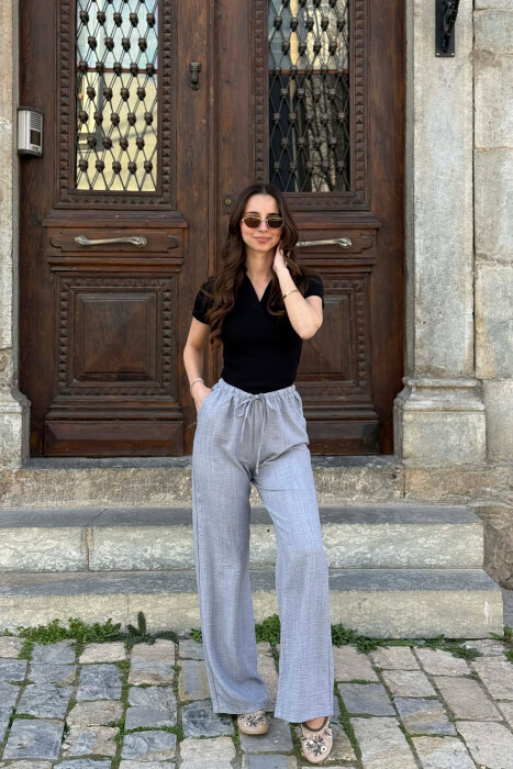 WIDE LEG ELASTIC WAIST LACING DETAIL WOMAN TROUSERS GREY/GRI 