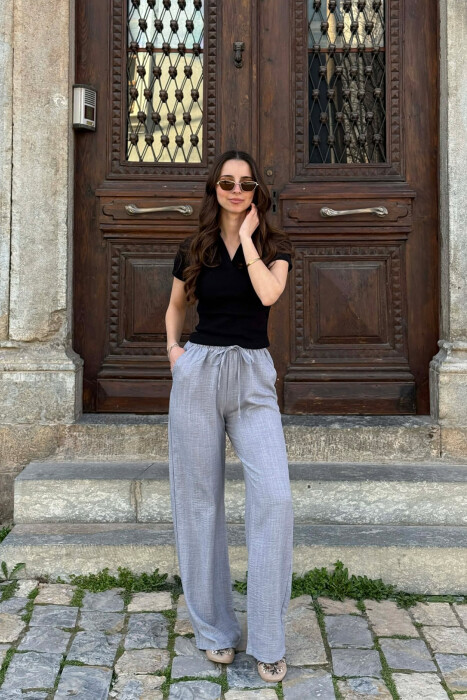 WIDE LEG ELASTIC WAIST LACING DETAIL WOMAN TROUSERS GREY/GRI - 5