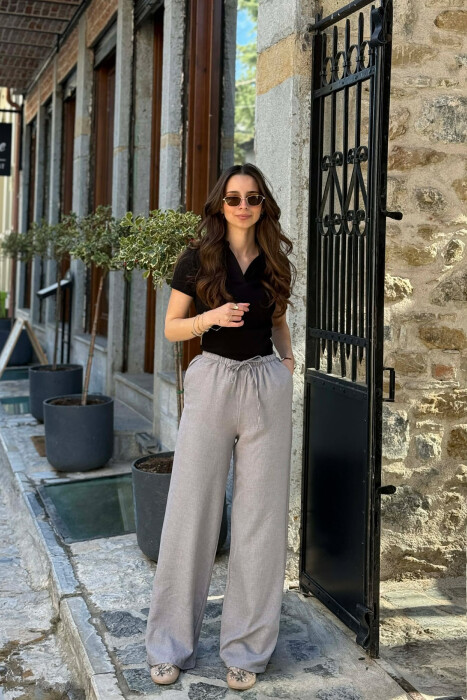 WIDE LEG ELASTIC WAIST LACING DETAIL WOMAN TROUSERS LIGHT GREY/GZ - KLAUDIO FASHION