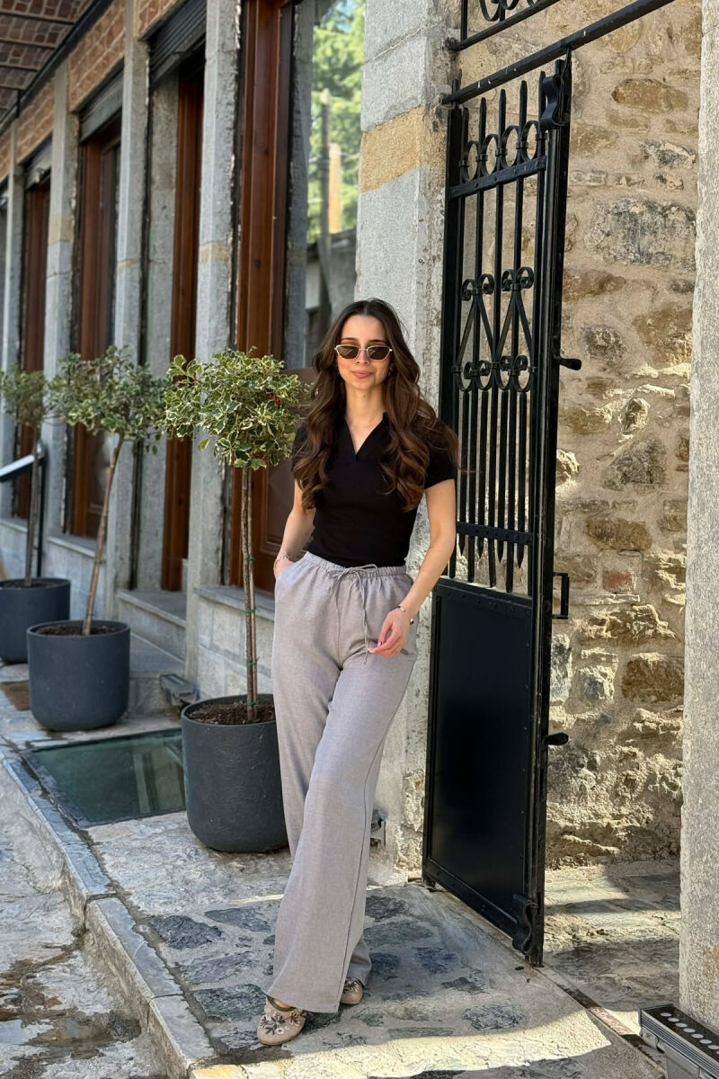 WIDE LEG ELASTIC WAIST LACING DETAIL WOMAN TROUSERS LIGHT GREY/GZ - 5