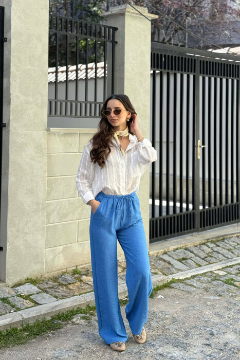 WIDE LEG ELASTIC WAIST LACING DETAIL WOMAN TROUSERS LIGHTBLUE/BZ 
